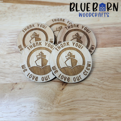 Cruise Crew Thank You Coins – 2" Engraved Wooden Appreciation Tokens
