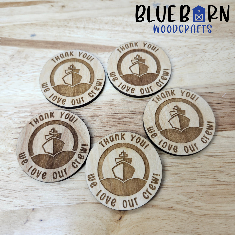 Cruise Crew Thank You Coins – 2" Engraved Wooden Appreciation Tokens
