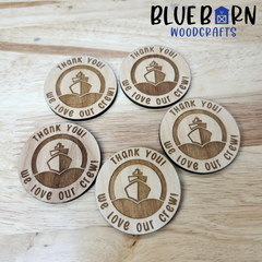 Cruise Crew Thank You Coins – 2" Engraved Wooden Appreciation Tokens
