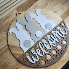 Three Bunny Easter Spring Welcome Door Hanger | Bunny Life | Bunny Welcome Sign